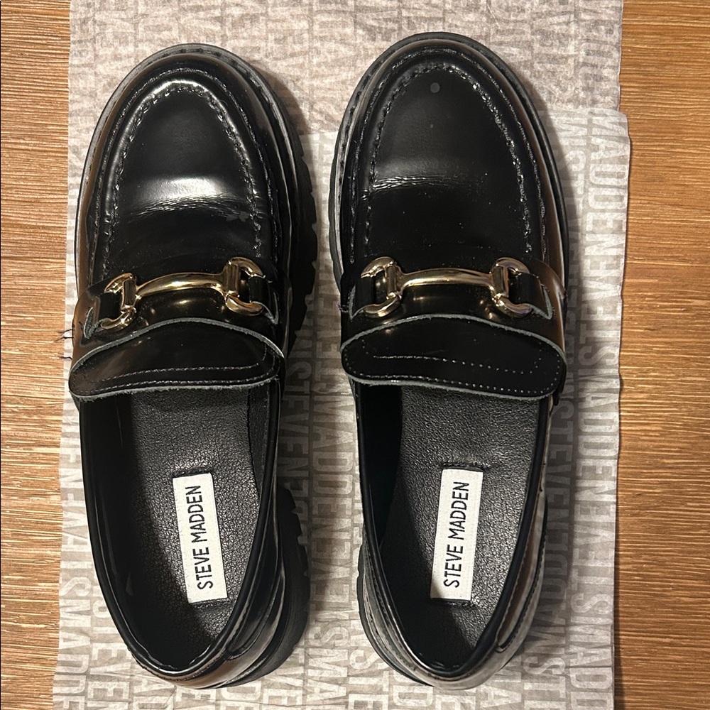 Steve Madden Black Loafers with Gold Accent